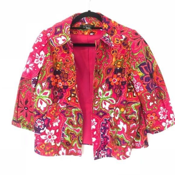 Etcetera Size 8 Multicolor Paisley Floral Swing Blazer Jacket 3/4 Sleeve Cotton - Picture 3 of 8